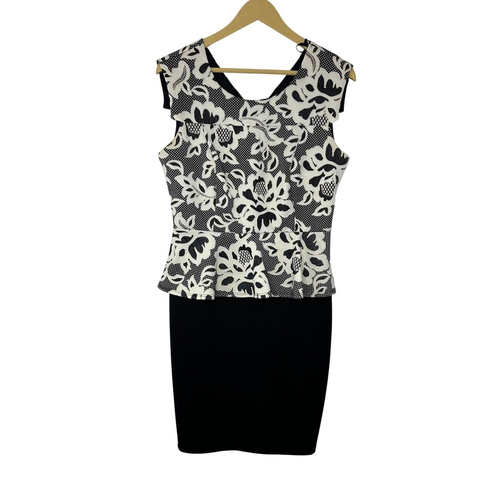 Enfocus Studio Peplum Dress Womens 10 Black White‎ Floral Lace Print Sleeveless